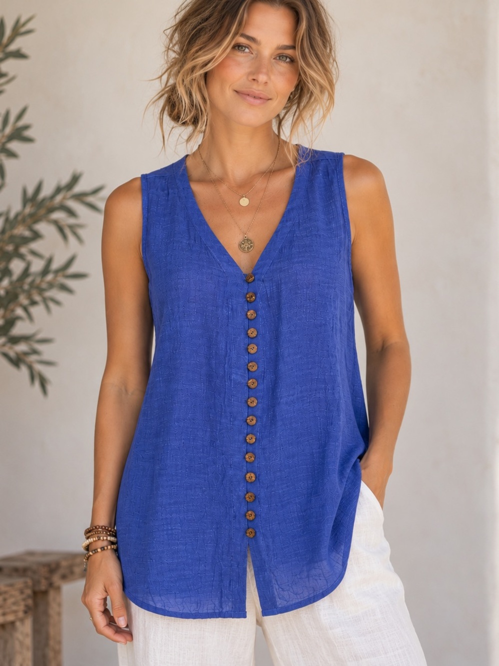 Cobalt Blue Silk Cotton Button Front Boho Tunic Top